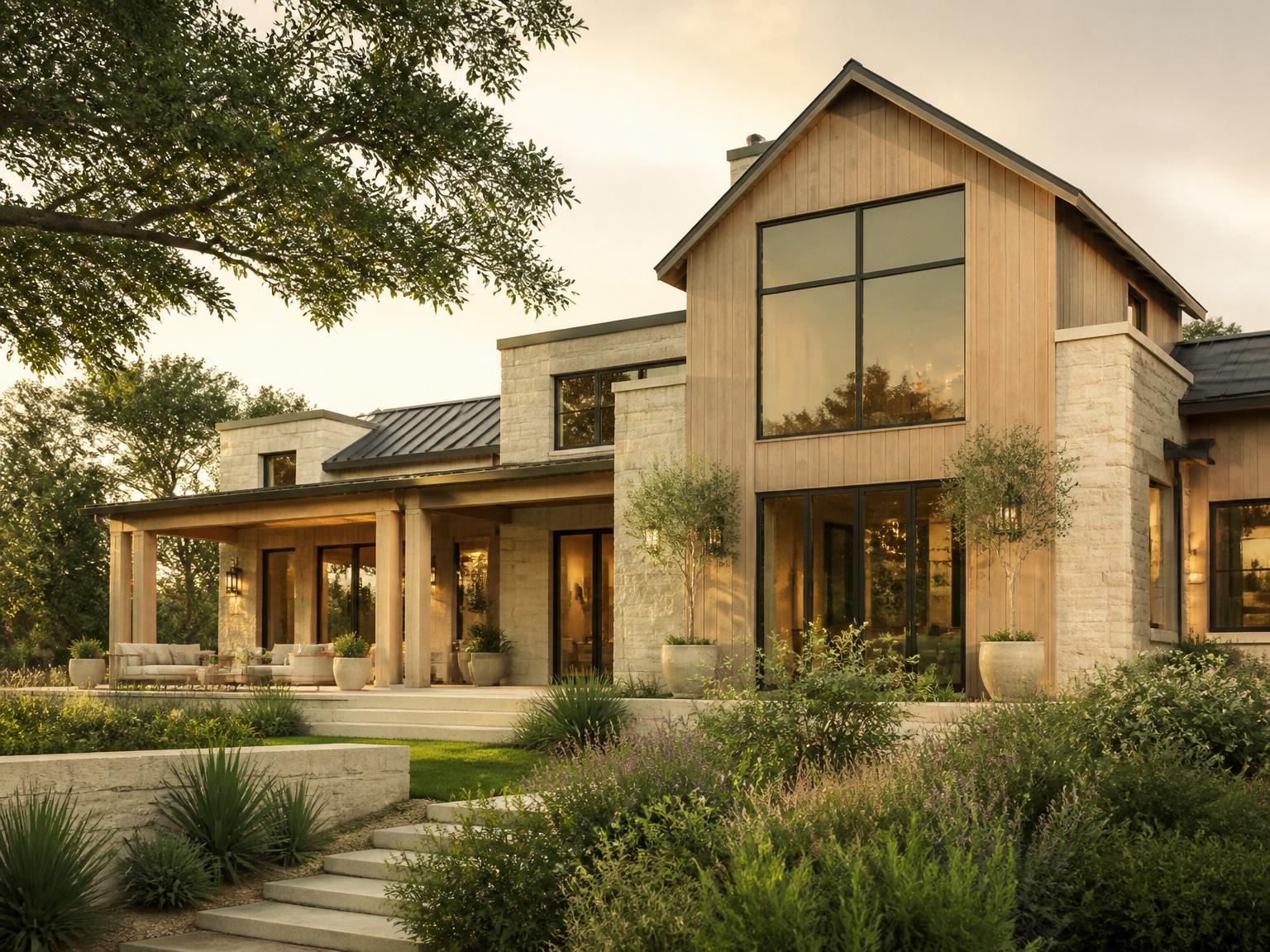 Elegant Central Texas luxury home at golden hour with white oak accents and native landscaping